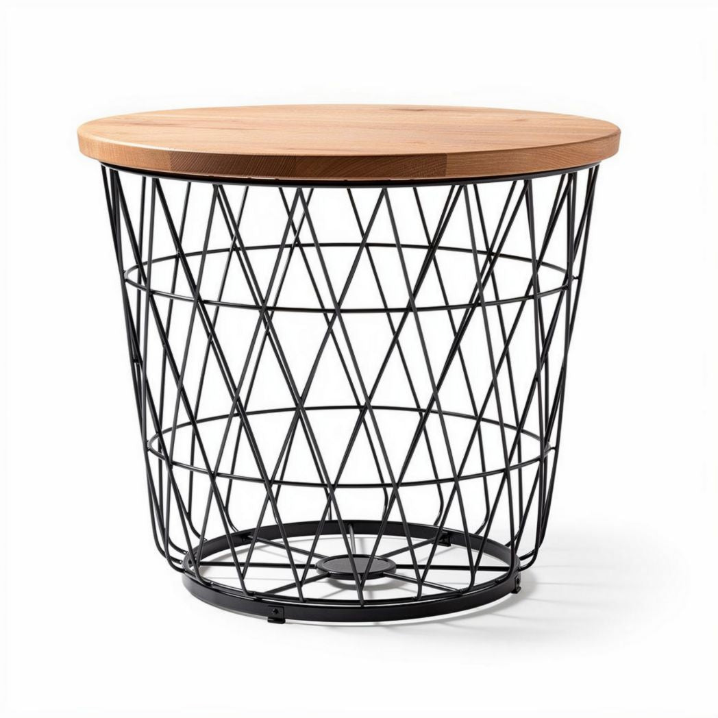 Witte metalen mand met ronde houten top 30 x 30 x 40cm voor opslag