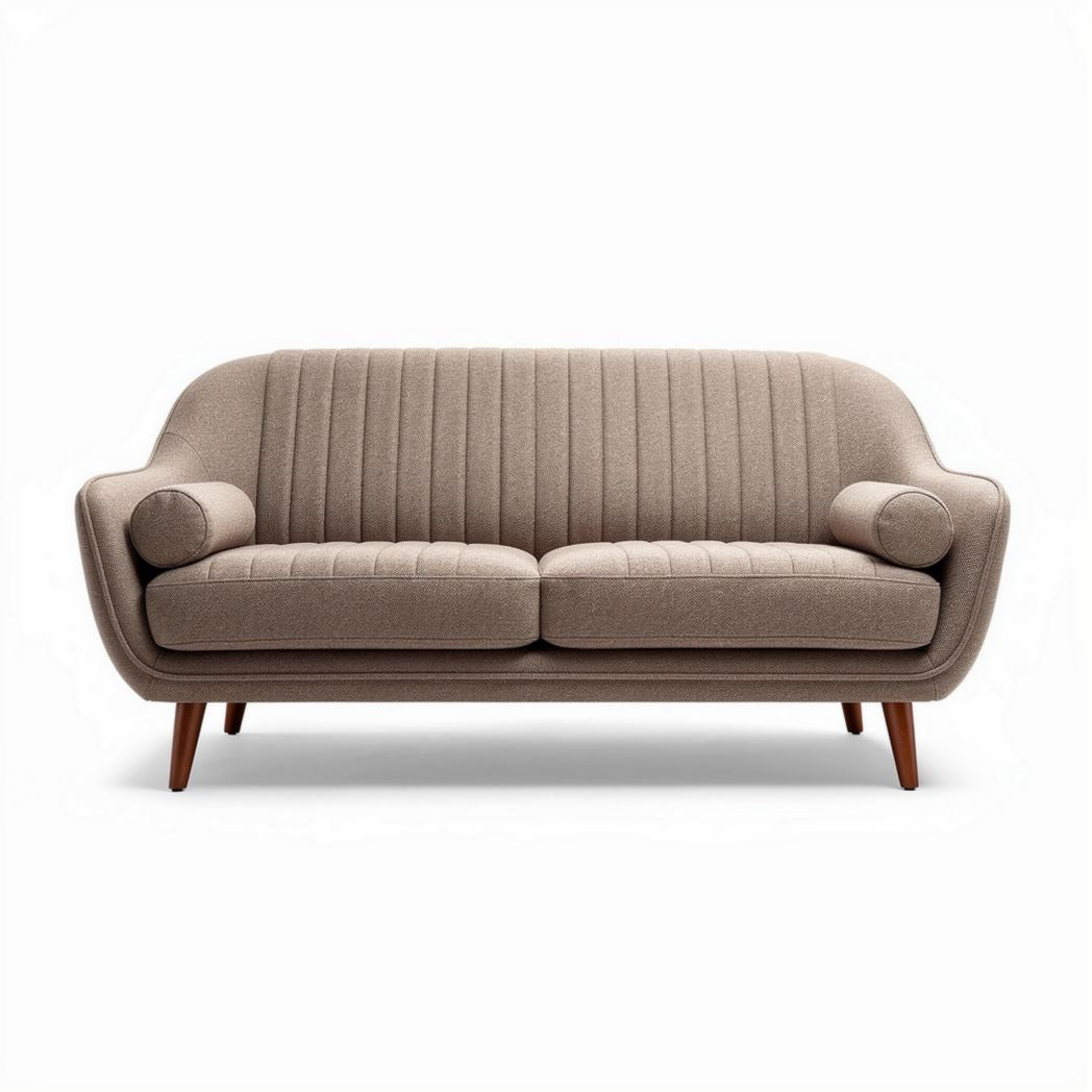 Tweepersoonsbank in beige stof met houten poten 180 x 80 x 75cm