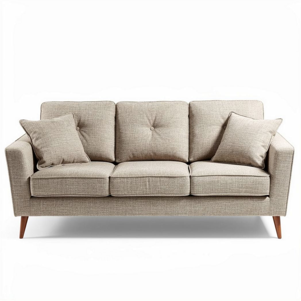Beige bank met stoffen bekleding en houten poten 200 x 90 x 85cm