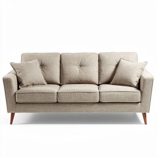 Beige bank met stoffen bekleding en houten poten 200 x 90 x 85cm