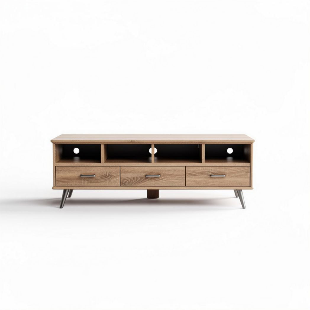 tv-meubel van hout met opberglades en open vakken in naturel afwerking 120 x 40 x 45cm