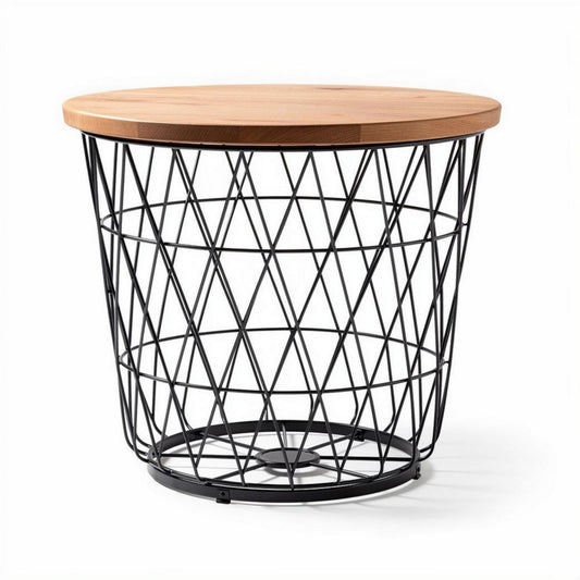 Witte metalen mand met ronde houten top 30 x 30 x 40cm voor opslag