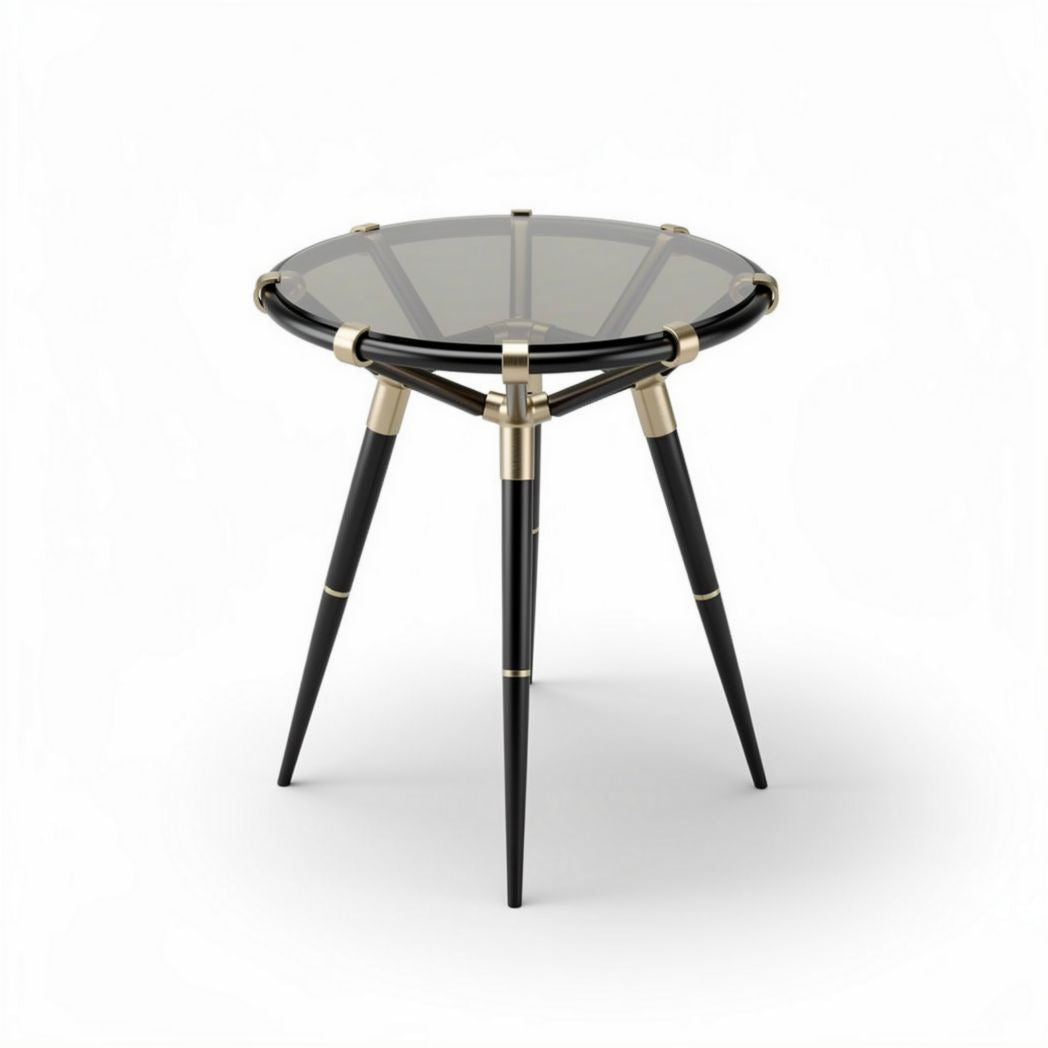 Glazen salontafel met zwarte houten poten en gouden details 40 x 40 x 45cm