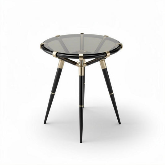 Glazen salontafel met zwarte houten poten en gouden details 40 x 40 x 45cm