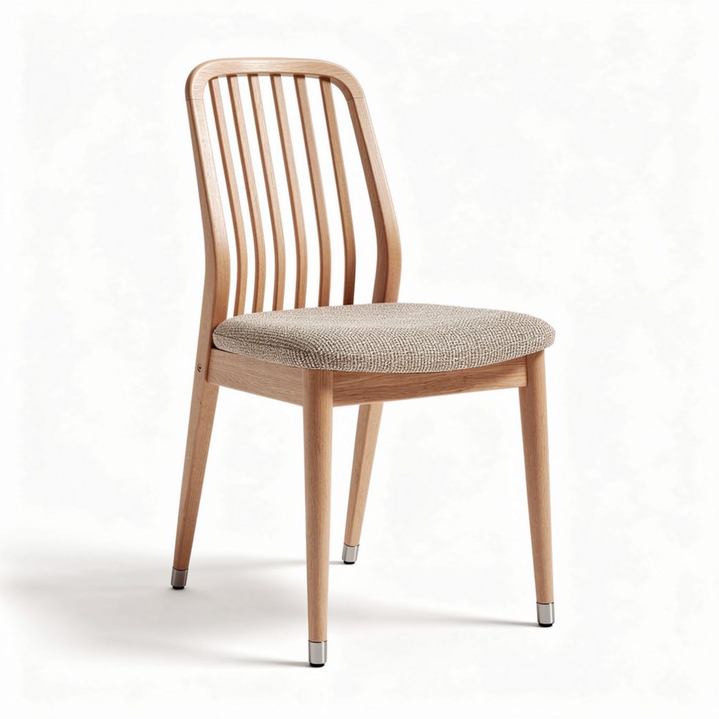 Houten eetstoel met stofferen zitting en een afmeting van 45 x 45 x 85cm